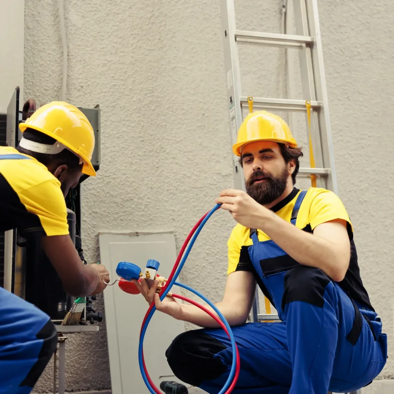 seasoned-mechanic-using-soft-dusting-brush-sweep-away-built-up-layer-dirt-debris-from-hvac-system-coil-while-adept-repairman-refills-air-conditioner-cooling-system-refrigerant-tank